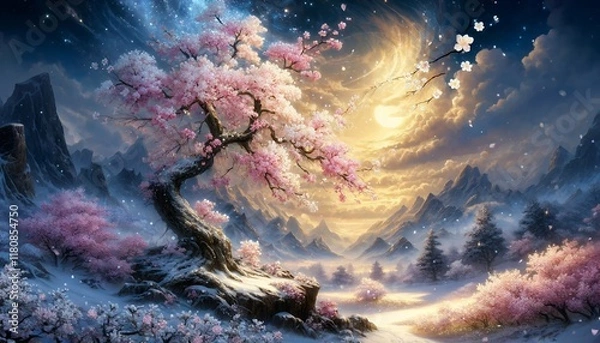 Fototapeta A Serene, Horizontally-Oriented Fantasy Painting Illustrating a Snowy Landscape with Cherry Blossoms Under Golden Moonlight