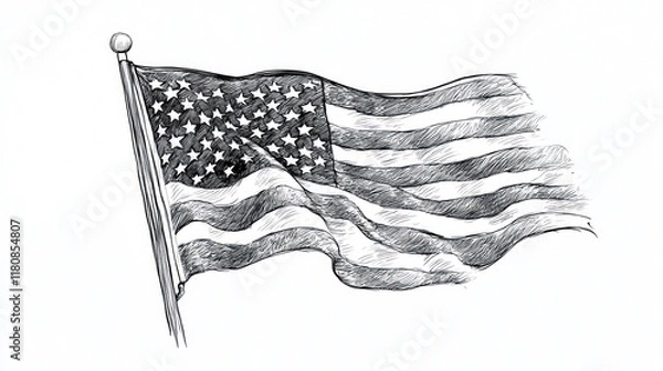 Fototapeta An artistic rendering of the American flag waving in the wind, detailed and textured sketch, black and white 