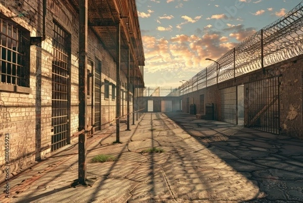 Fototapeta Detailed Visual  of Open Space in a Prison Yard with Limited Access
