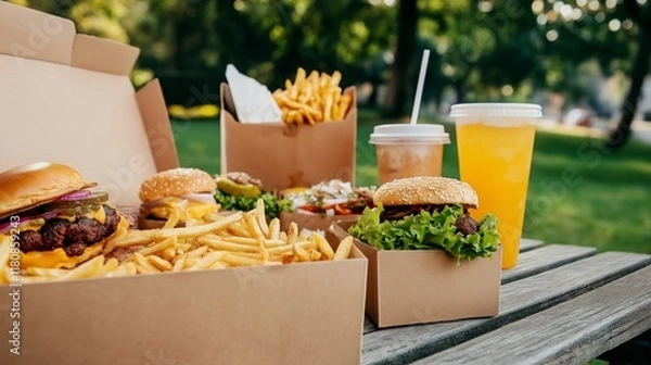 Fototapeta Close-up of fast food hamburgers, fries and drinks on a park bench, on a green background.