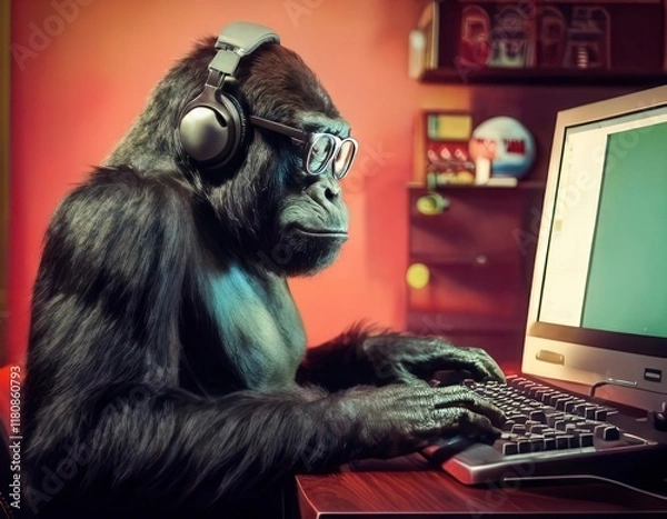 Fototapeta A gorilla sitting at a desk with a laptop. Suitable for gaming concepts. Generated image