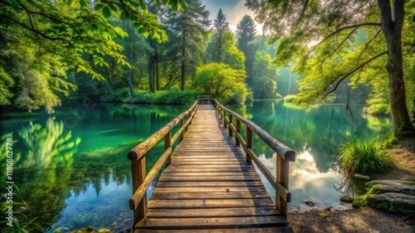 Obraz Mysterious forest path leading to a ancient wooden bridge over a serene lake, lake, peaceful ambiance