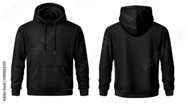 Fototapeta Stylish black hoodie, front and back view, on a white isolated background.