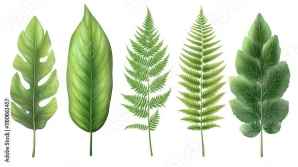 Fototapeta A set of five different leaf shapes, including a palm leaf, a fern leaf