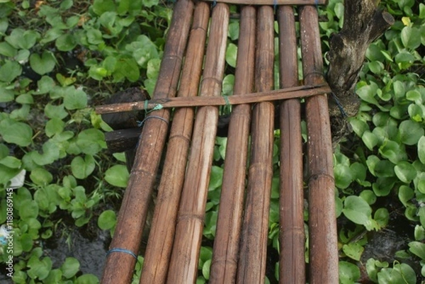 Fototapeta Bamboo Bridge or Wooden Walkway on Water with Green Aquatic Plants Background,  Rustic Natural Structure for Eco-Tourism, Agriculture, or Rural Paths in Wetland or Garden Areas