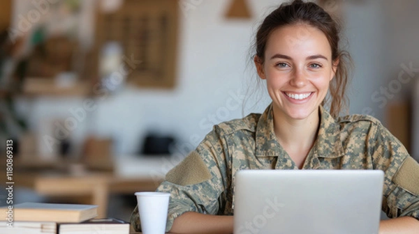 Fototapeta Australian woman in army uniform smiling, working with a laptop at tent