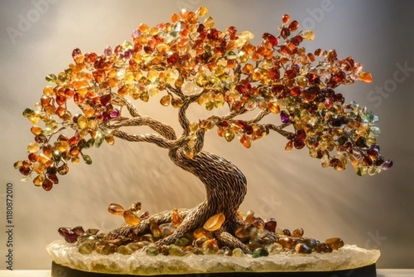 Fototapeta Gemstone Tree Art with Orange and Yellow Tones Resting on Rock Base Under Soft Lighting