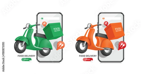 Fototapeta Scooter or motorcycle with a box or bag of food on the back, pin map to deliver food to customers and all flying in front of the smartphone, vector 3d isolated for delivery advertising design