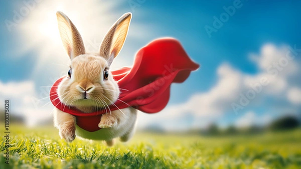 Obraz A cute rabbit wearing a red robe is jumping on the grass field.