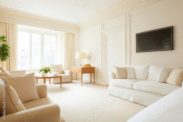 Fototapeta Living room with a white couch, two chairs, and a coffee table