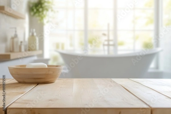 Fototapeta Wooden table with a bowl of soap and a bathtub in the background