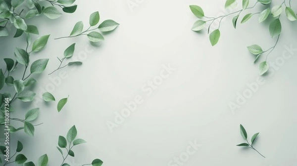 Fototapeta Minimalist 3D Eco-Themed Design with Scattered Green Leaves on Soft Background - Isolated Elements and Clean Text Space