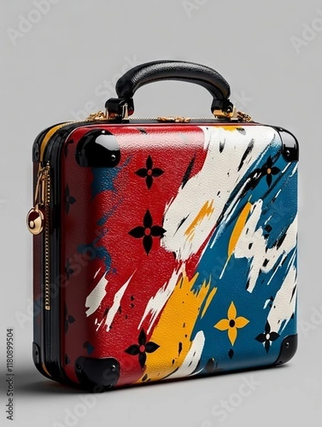Fototapeta A multicolored suitcase with a black handle on a gray background