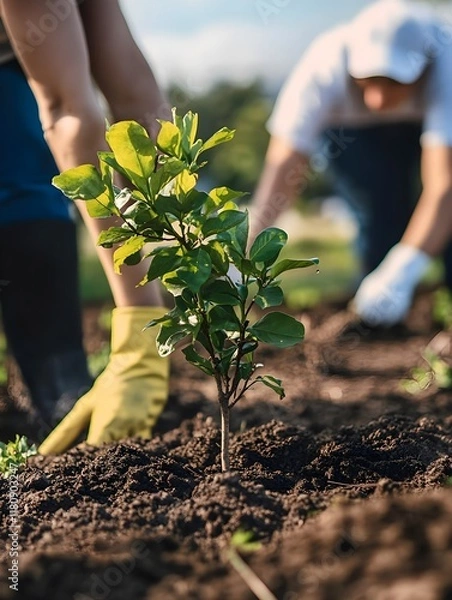 Obraz A photo of a group of volunteers working together to plant trees in a community park.