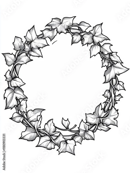 Fototapeta Wreath Of Ivy With Stylized Leaves Forming Circular Decorative Frame Black And White Drawing