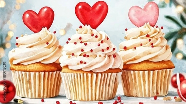 Fototapeta Three decorated cupcakes with creamy frosting, topped with heart-shaped candies, set against a festive backdrop.