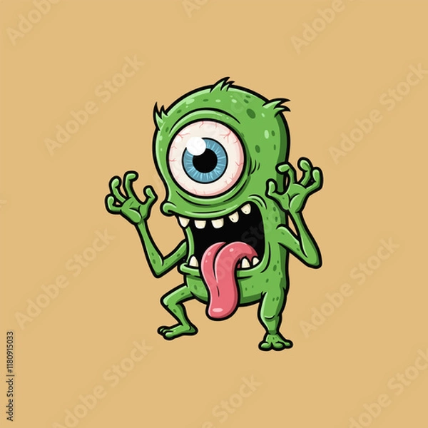 Obraz A comical illustration of a single-eyed green monster with a protruding tongue, showcasing a scared or surprised expression.