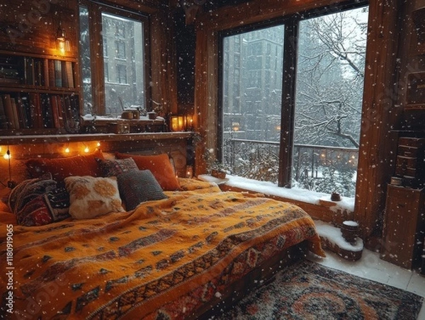 Fototapeta Cozy bedroom with a large window overlooking a snowy winter scene. The bed is piled high with pillows and blankets, and candles and fairy lights create a warm and inviting atmosphere.