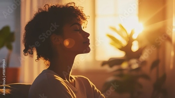 Fototapeta Mindful Breathing for Stress Relief - A person practicing mindful breathing exercises in a quiet room with soft lighting, focusing on relaxation and releasing tension