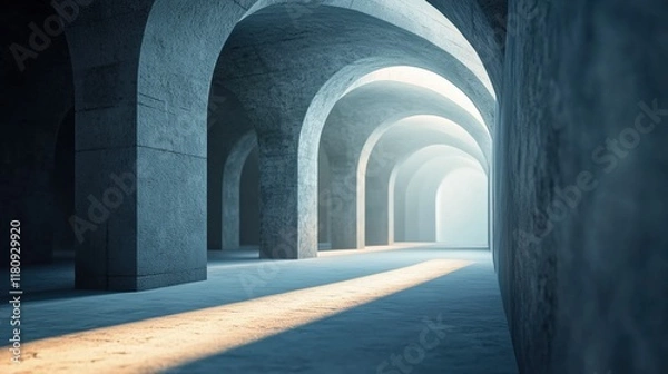 Fototapeta Empty Stone Corridor with Soft Light and Arches