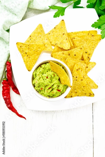 Obraz Guacamole in bowl on light board top