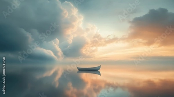 Obraz A boat is floating on a calm lake with a cloudy sky in the background