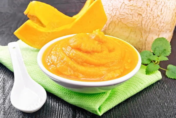 Obraz Pumpkin puree in plate on board
