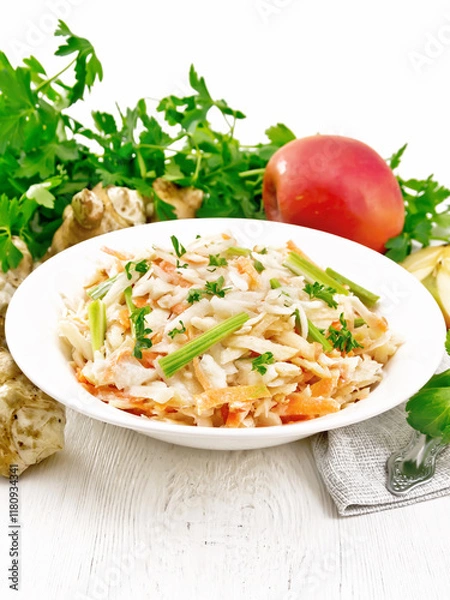 Obraz Salad of Jerusalem artichoke and apple in plate on table