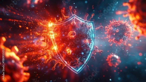 Obraz Fiery shield deflecting virus attack; cosmic backdrop; health protection
