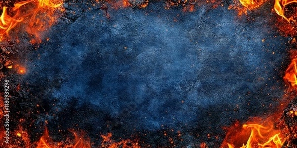 Obraz Fiery dark texture with flames radiates intense heat. Burning background bursts with hot energy. This abstract template provides a dynamic and vibrant mockup bg option.
