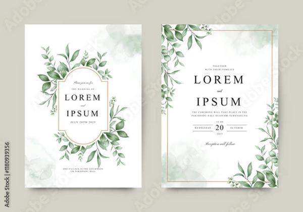 Fototapeta Elegant green plants arranged for wedding invitation card set