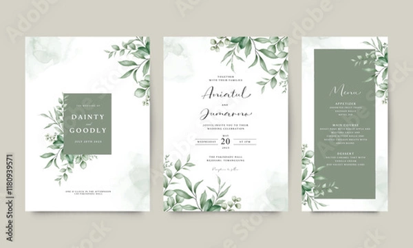 Obraz Wedding invitation card arranged with green leaves