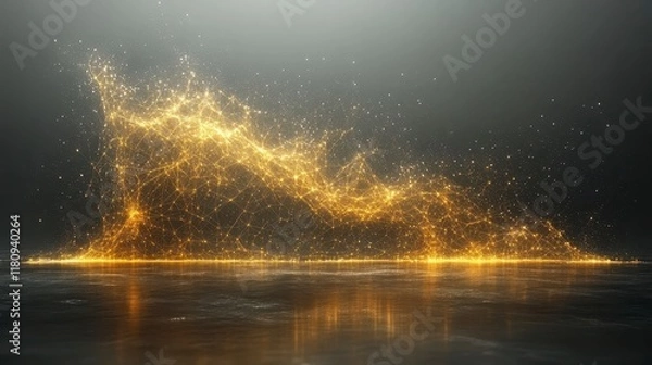 Obraz Abstract golden particles wave on dark background with reflection.