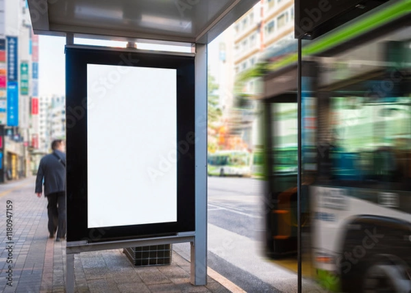 Obraz Mock up Billboard Banner at Bus stop Blank white Media advertisement outdoor City street 
