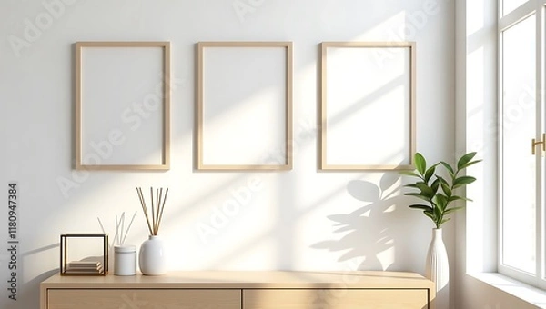 Fototapeta Three Blank Picture Frames for Wall Art Mockup Displayed Above a Wooden Shelf with Modern Decor Accents