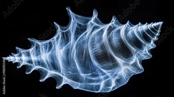 Fototapeta A translucent, spiral seashell glows against a dark background, showcasing intricate patterns and delicate textures.