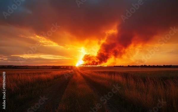 Fototapeta Intense wildfire during sunset, fiery orange sky, devastating effects of climate change and global warming on the environment