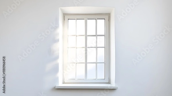 Fototapeta A narrow window with a long vertical frame, offering a serene view against a white background.