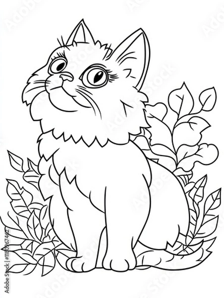 Fototapeta Curious Kitten: A cute cartoon kitten with big, curious eyes sits amidst a whimsical floral arrangement, perfect for coloring pages and creative projects. 