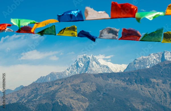 Fototapeta The Himalaya mountains range in Nepal with the holy prayer flag.