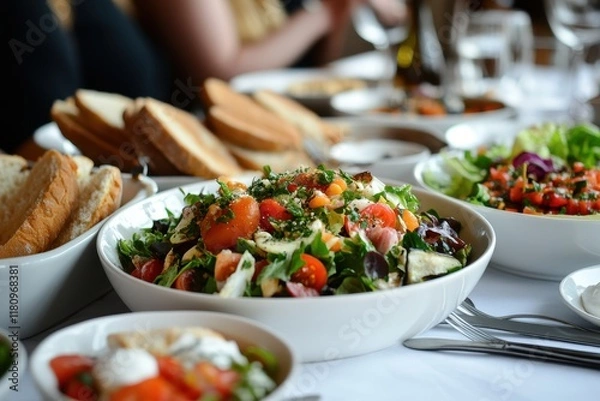 Obraz Restaurant table setting, salads, bread, lunch, gathering