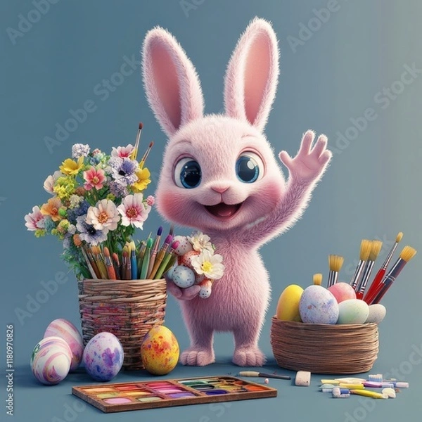 Fototapeta A playful pink bunny waves cheerfully while surrounded by vibrant flowers and colorful Easter eggs, depicting joy and celebration.