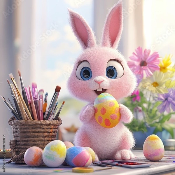 Fototapeta A cheerful pink bunny munches on a colorful egg, surrounded by soft grass and vibrant decorative eggs, embodying Easter joy.