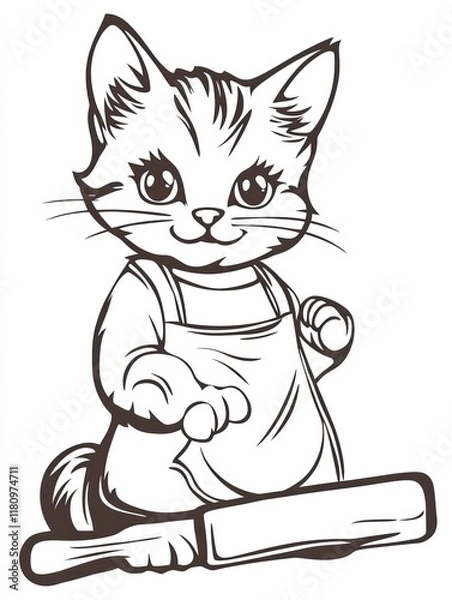 Obraz A Cat's Baking Adventure: A charming illustration of a playful cat wearing an apron and holding a rolling pin, ready to bake. The adorable depiction embodies a whimsical and fun-loving spirit.