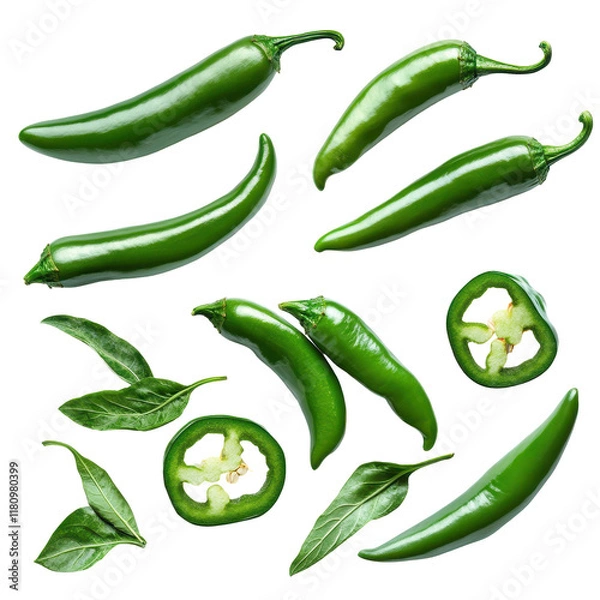 Fototapeta Fresh green chilies and basil leaves layout. transparent background