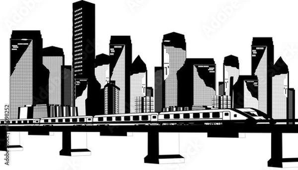 Fototapeta City buildings and train on railroad vector monochrome illustration