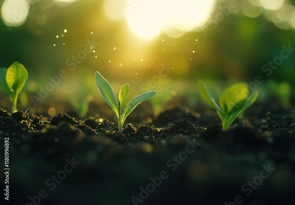 Fototapeta Fresh Green Seedlings Growing in Rich Dark Soil Under a Bright Warm Sunlight with a Soft Blurred Background and Delicate Water Droplets Sparkling in the Air