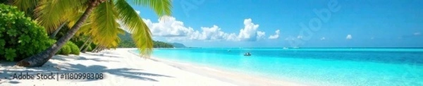 Obraz White sand, palm trees sway, clear blue water, clouds, sky, vacation