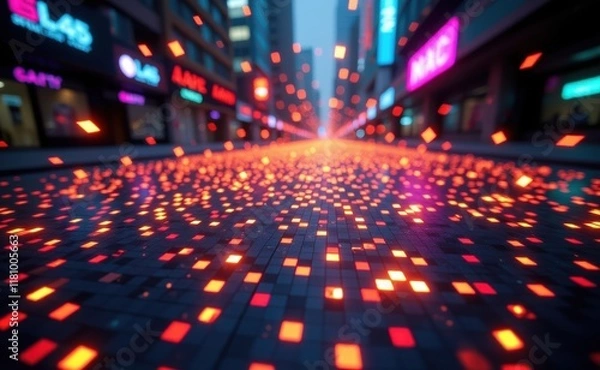 Obraz A futuristic digital landscape with a grid of glowing, multicolored lights, creating a mesmerizing and abstract pattern.