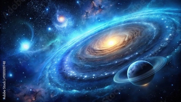 Fototapeta Cosmic binary system with black blue celestial elements on a dark blue background, surrounded by stars and galaxies